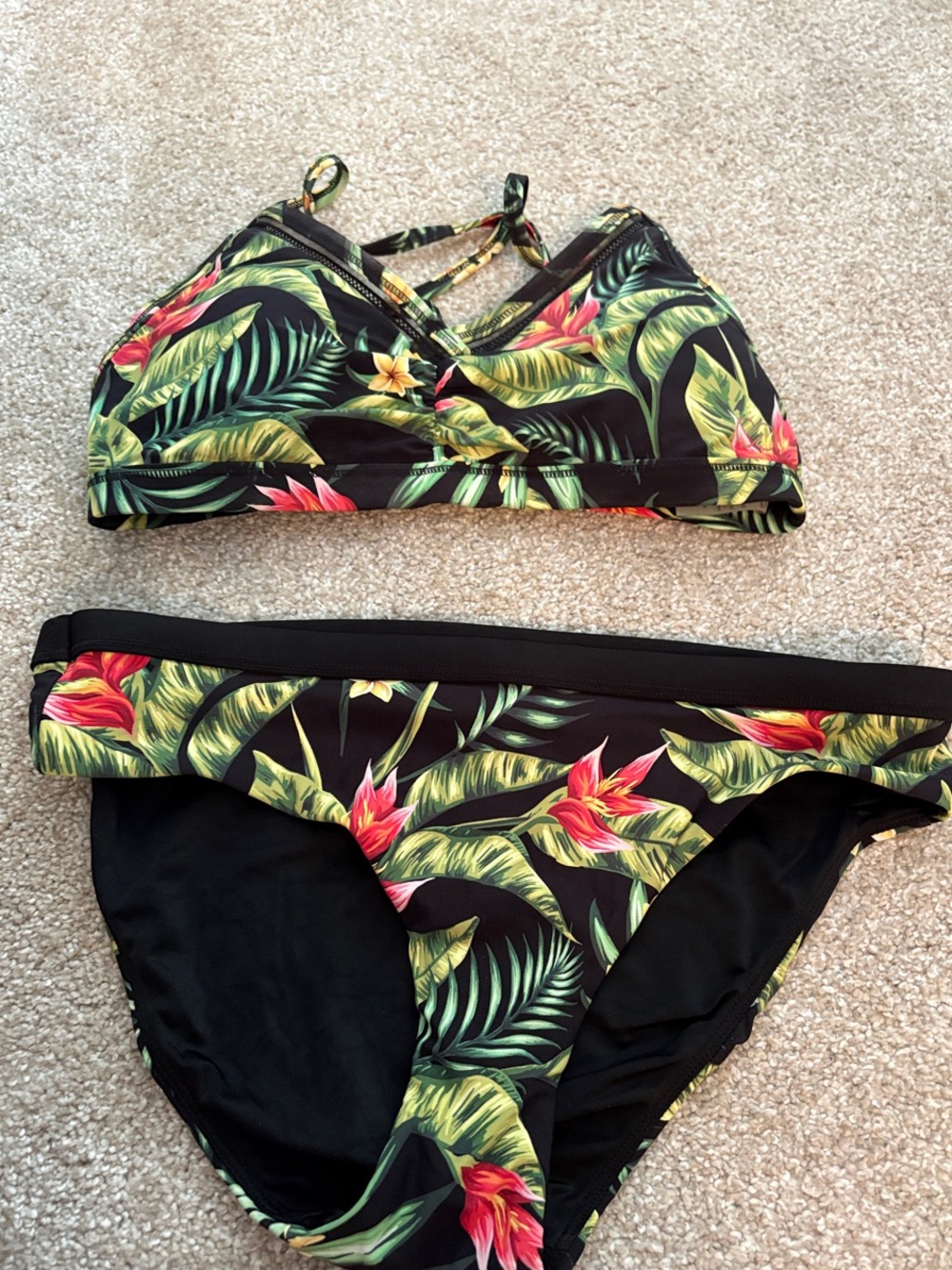 Calia Floral Two-Piece Bikini - Black with Green & Pink Floral Print sz S